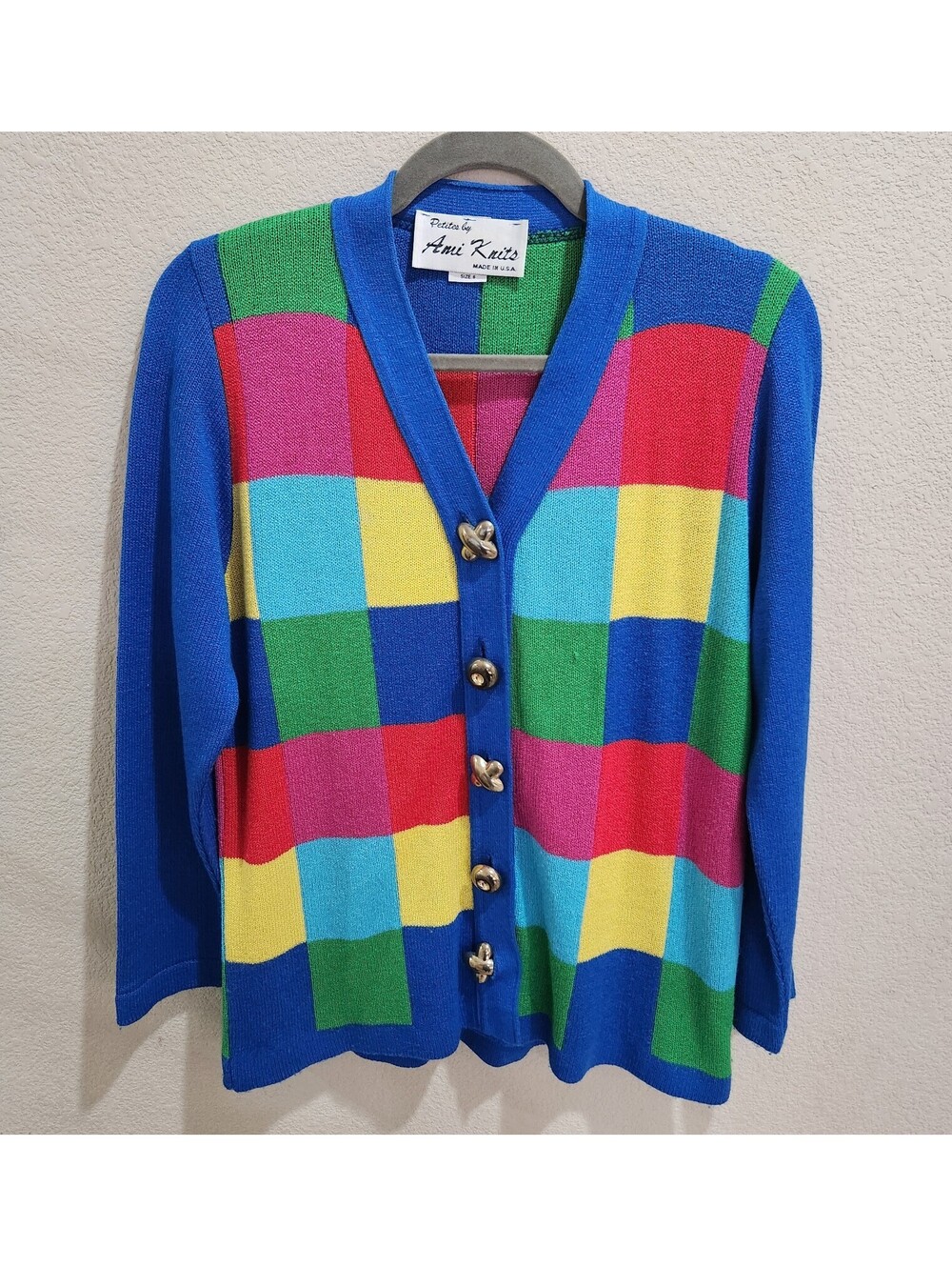 Vtg 80s Ami Knits Petites Colorblock Cardigan Sweater Womens 6 Multicolor Plaid - Picture 2 of 9
